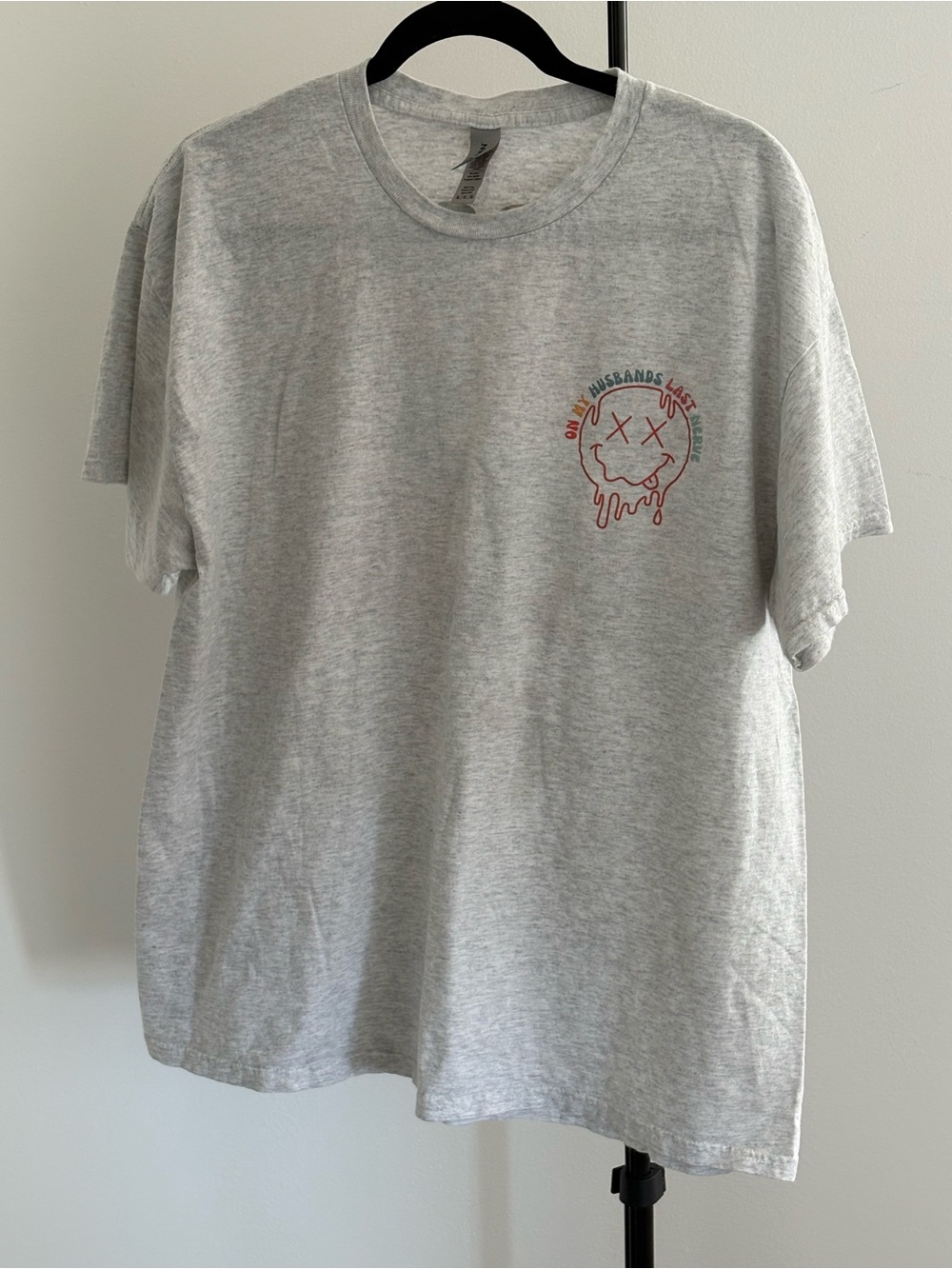 Gildan Heather Gray Short Sleeve Tee with Red & Teal Graphic